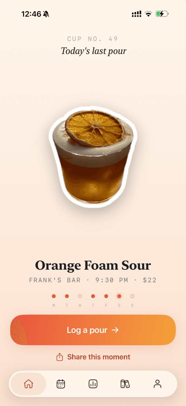 PourNote’s home screen, showing the most recently logged drink and the week so far.