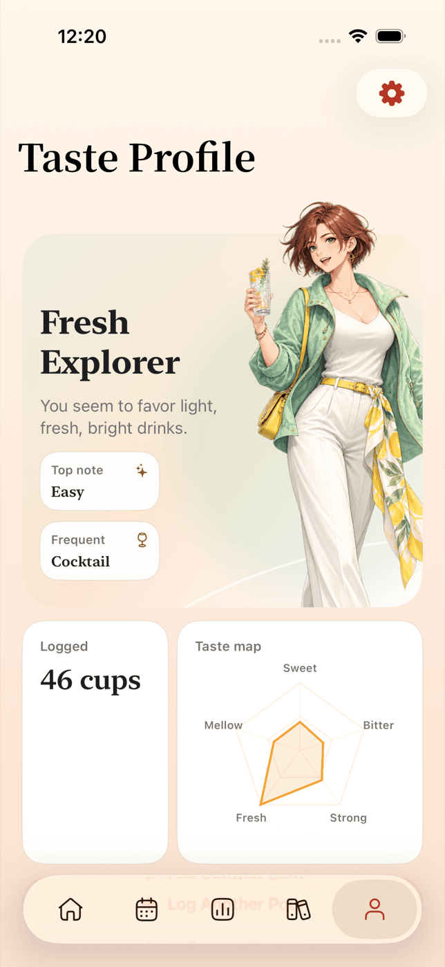 PourNote’s taste profile screen, showing a derived taste type and a taste map.